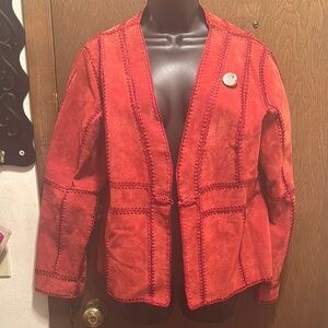 Red Leather Jacket with Notched Lapels and Tailored Fit